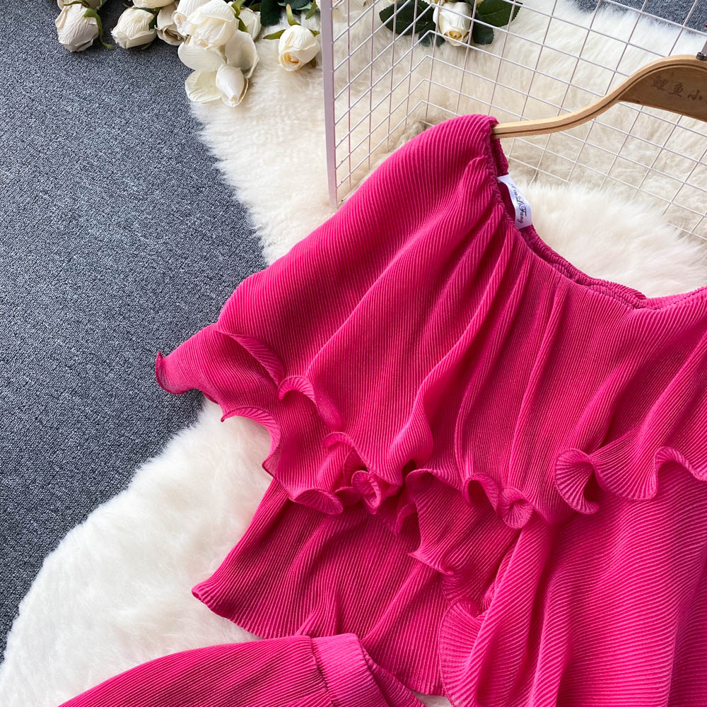 Travel vacation style suit female irregular fungus edge off-shoulder temperament top + high waist wide leg trousers two-piece set