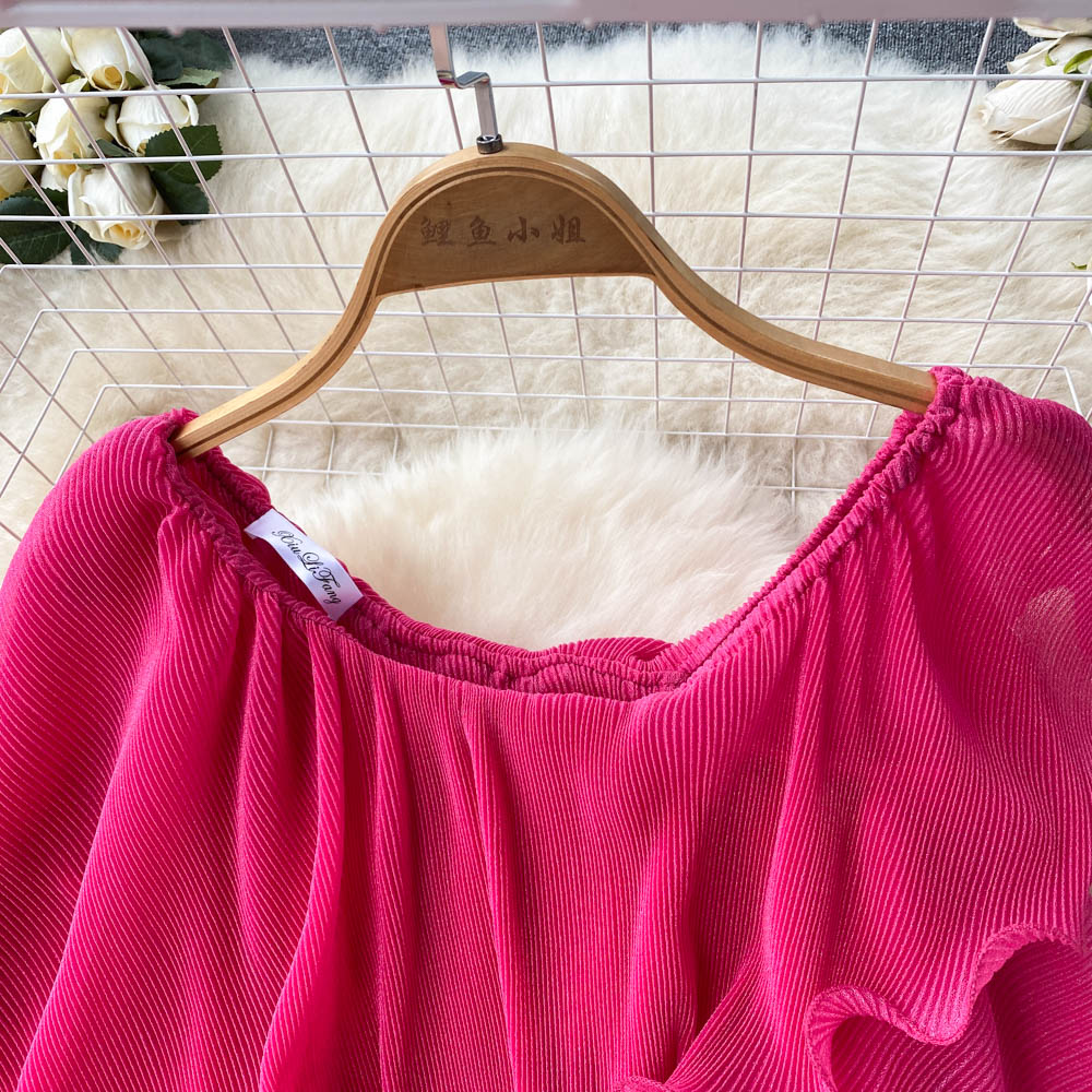 Travel vacation style suit female irregular fungus edge off-shoulder temperament top + high waist wide leg trousers two-piece set