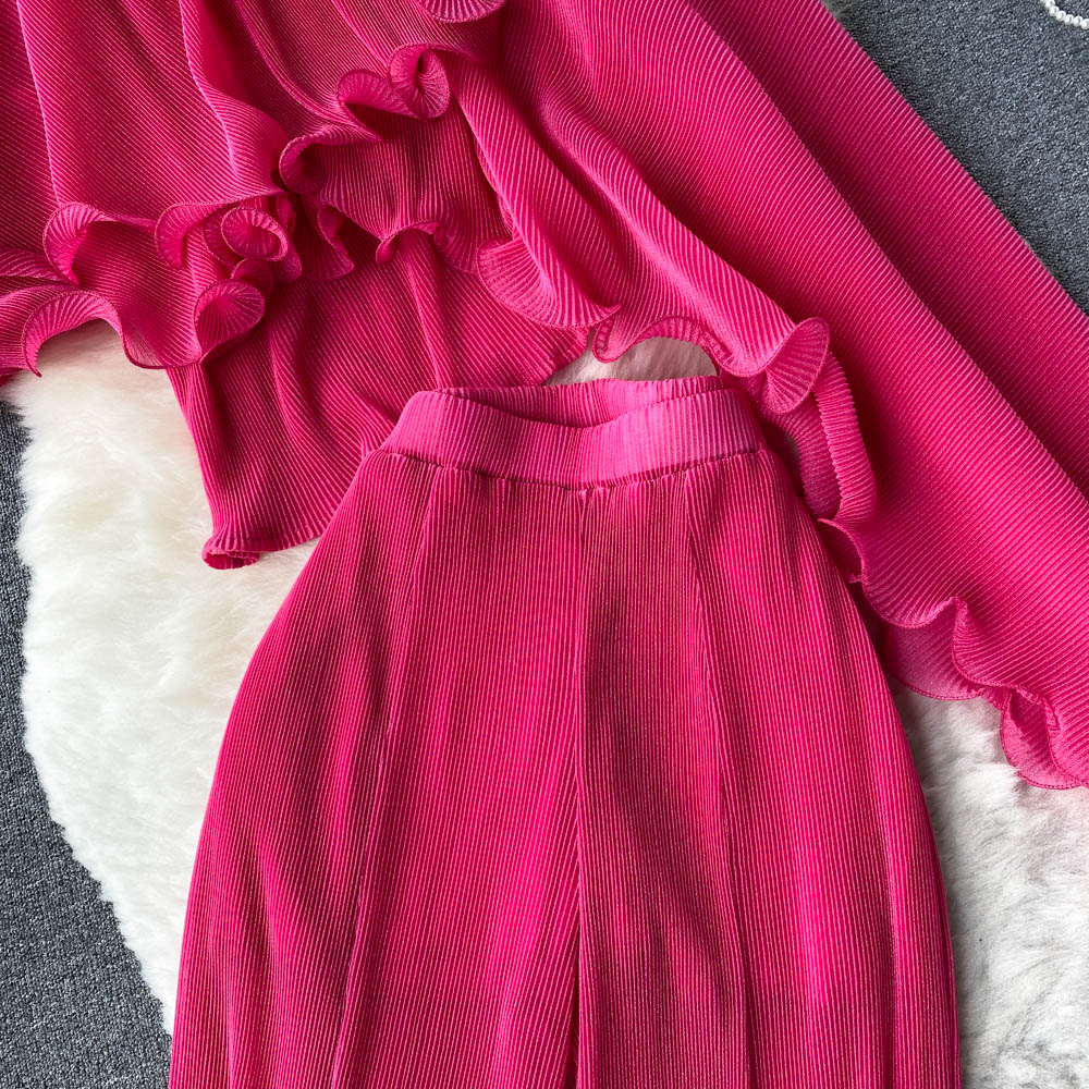 Travel vacation style suit female irregular fungus edge off-shoulder temperament top + high waist wide leg trousers two-piece set