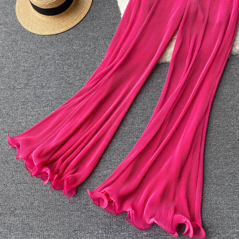 Travel vacation style suit female irregular fungus edge off-shoulder temperament top + high waist wide leg trousers two-piece set