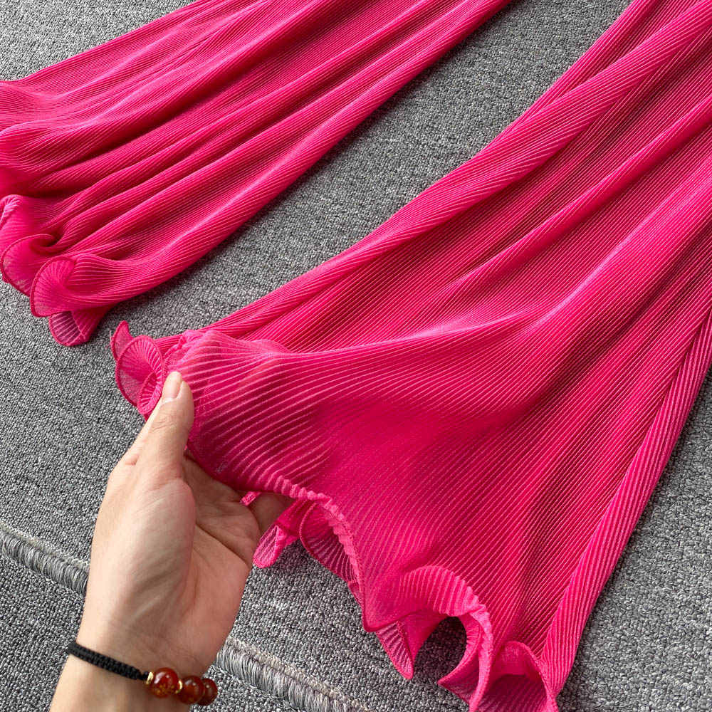 Travel vacation style suit female irregular fungus edge off-shoulder temperament top + high waist wide leg trousers two-piece set