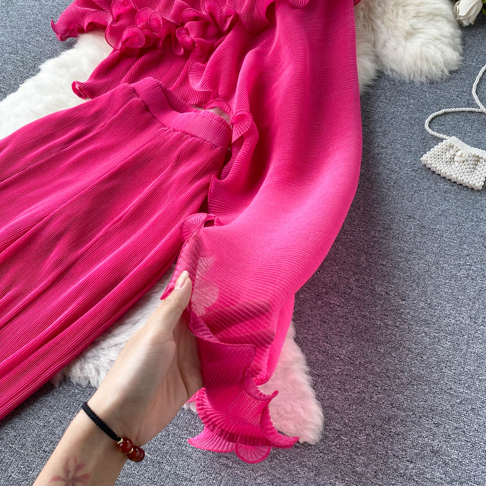 Travel vacation style suit female irregular fungus edge off-shoulder temperament top + high waist wide leg trousers two-piece set