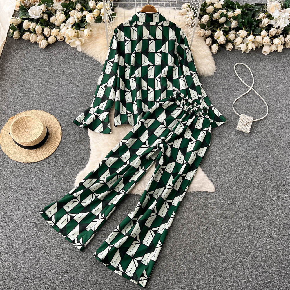 Fashion ladies temperament suit female lapel single-breasted flared long-sleeved shirt + high-waisted wide-leg trousers two-piece set