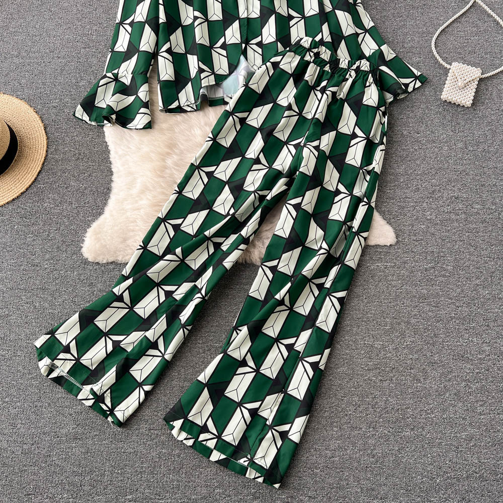 Fashion ladies temperament suit female lapel single-breasted flared long-sleeved shirt + high-waisted wide-leg trousers two-piece set