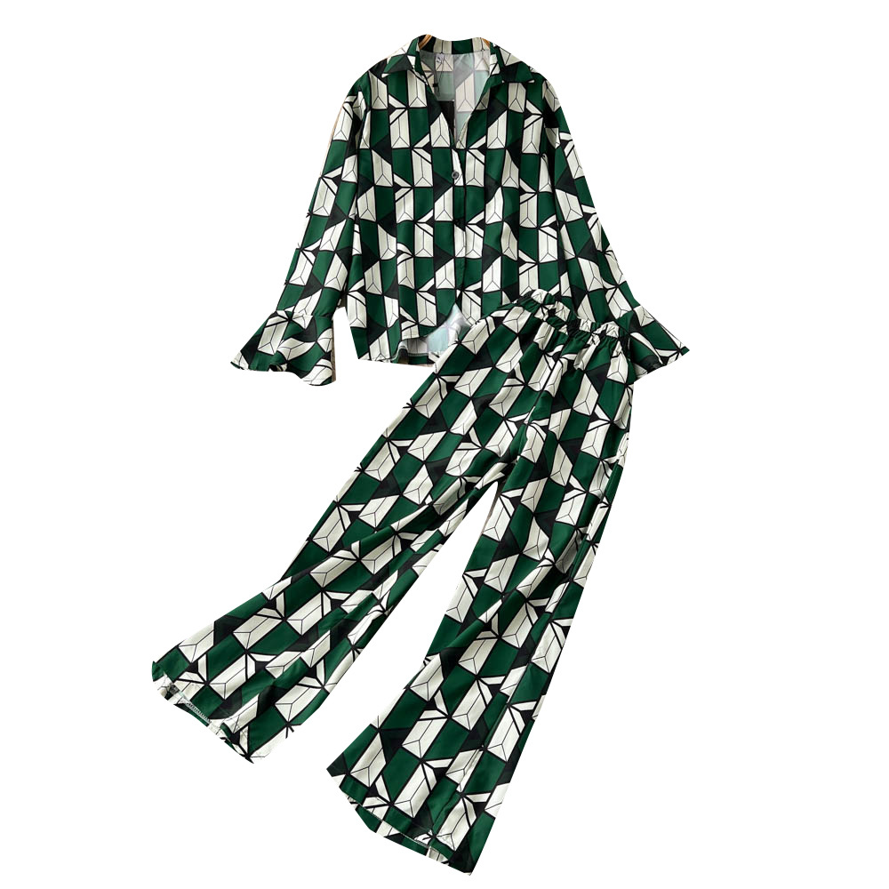 Fashion ladies temperament suit female lapel single-breasted flared long-sleeved shirt + high-waisted wide-leg trousers two-piece set