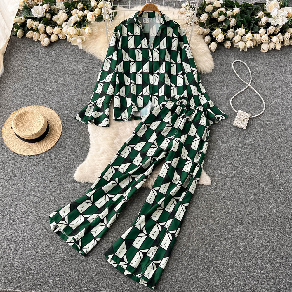 Fashion ladies temperament suit female lapel single-breasted flared long-sleeved shirt + high-waisted wide-leg trousers two-piece set