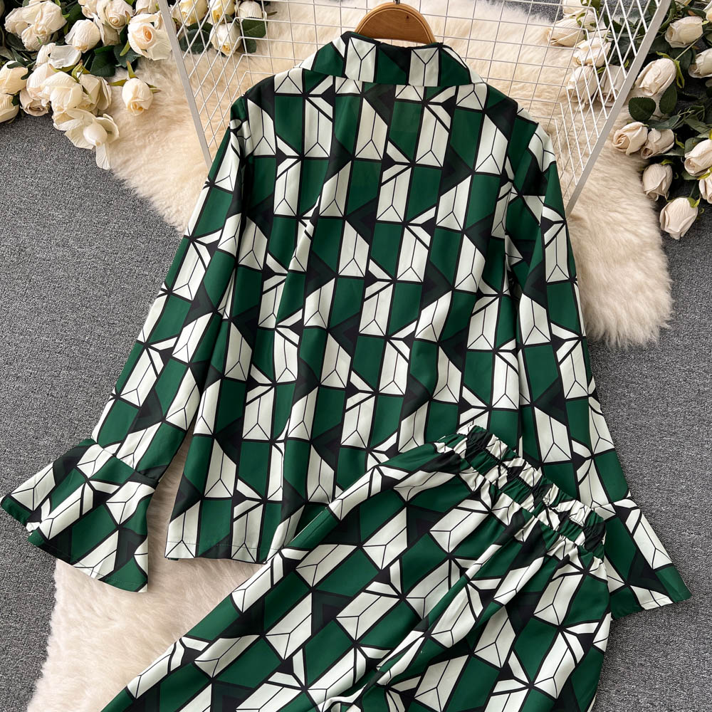 Fashion ladies temperament suit female lapel single-breasted flared long-sleeved shirt + high-waisted wide-leg trousers two-piece set