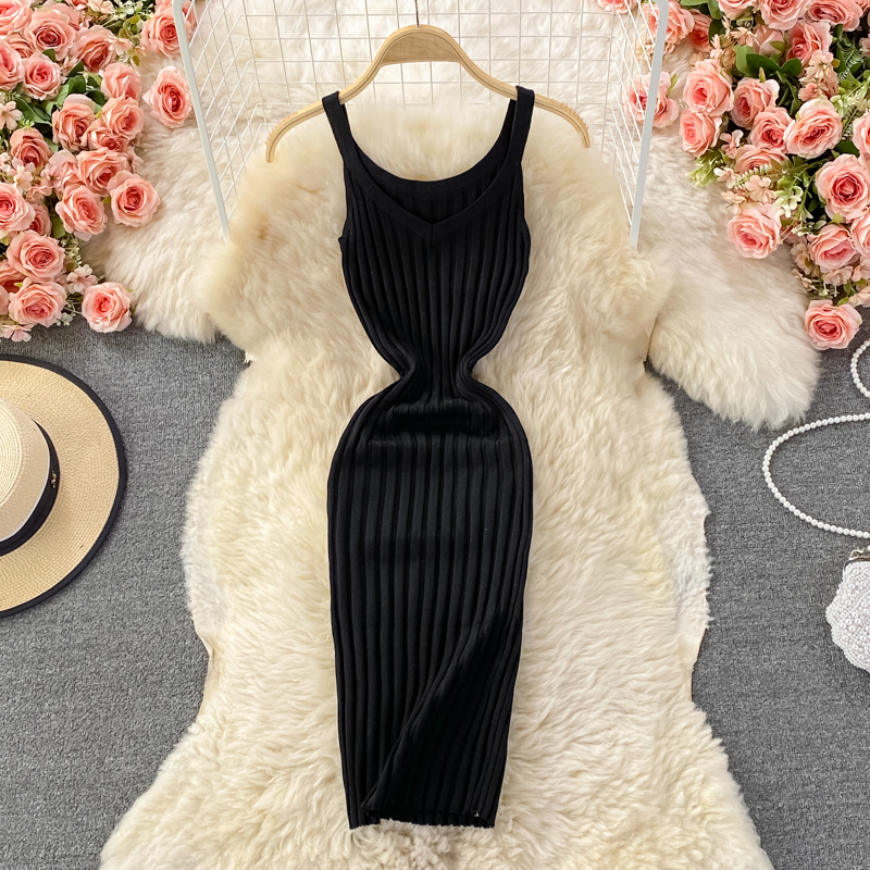 Knitted vest skirt women's 2022 autumn Korean version sexy backless mid-length tight-fitting elastic slimming hip dress