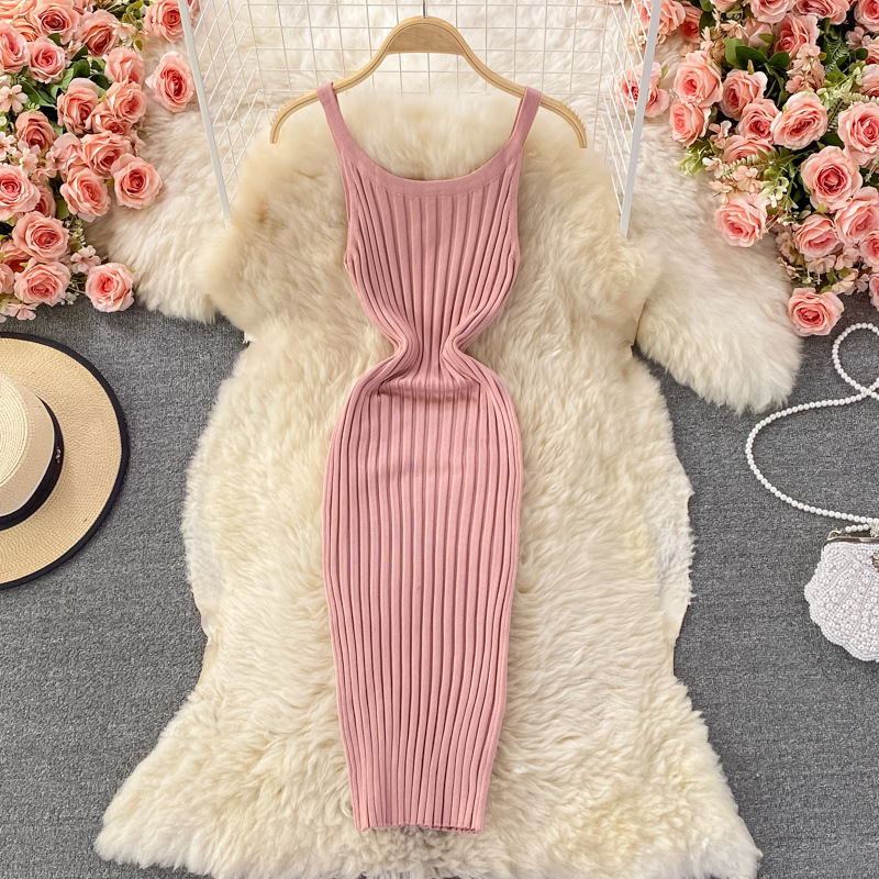 Knitted vest skirt women's 2022 autumn Korean version sexy backless mid-length tight-fitting elastic slimming hip dress