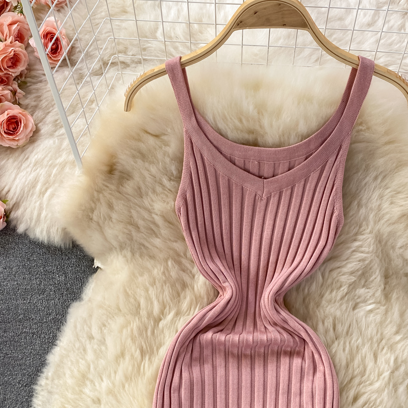 Knitted vest skirt women's 2022 autumn Korean version sexy backless mid-length tight-fitting elastic slimming hip dress