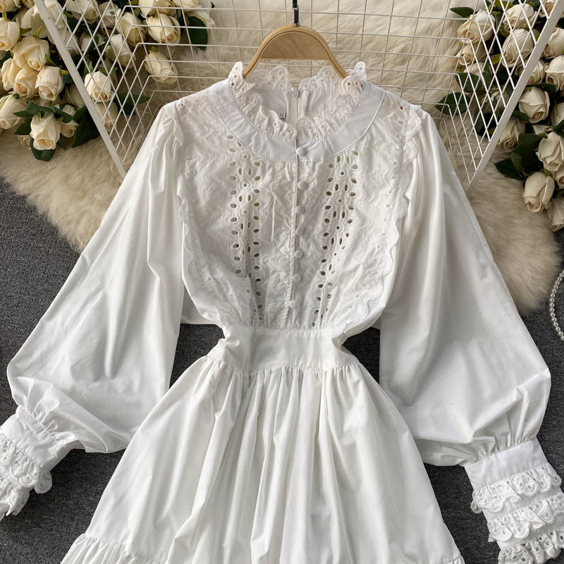 Ins Hepburn style lace flower lantern sleeves waist slimming single-breasted large swing lotus leaf dress