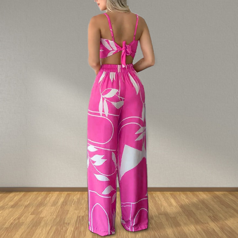 FD922 Spot cross-border 2022 European and American women's summer sexy tube top tie loose wide-leg pants printing suit