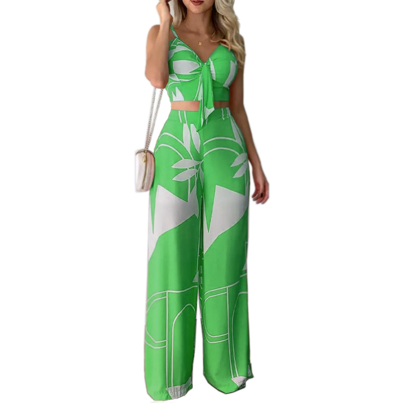 FD922 Spot cross-border 2022 European and American women's summer sexy tube top tie loose wide-leg pants printing suit