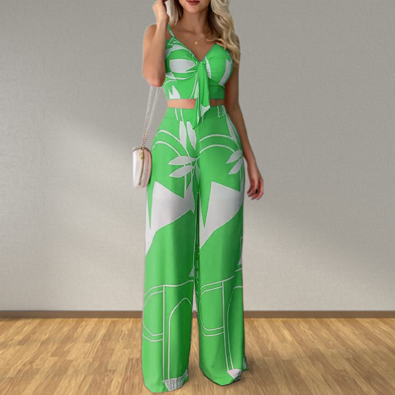 FD922 Spot cross-border 2022 European and American women's summer sexy tube top tie loose wide-leg pants printing suit