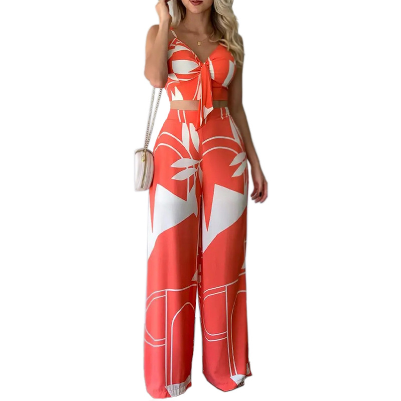 FD922 Spot cross-border 2022 European and American women's summer sexy tube top tie loose wide-leg pants printing suit