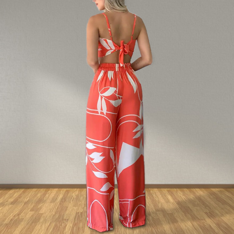 FD922 Spot cross-border 2022 European and American women's summer sexy tube top tie loose wide-leg pants printing suit