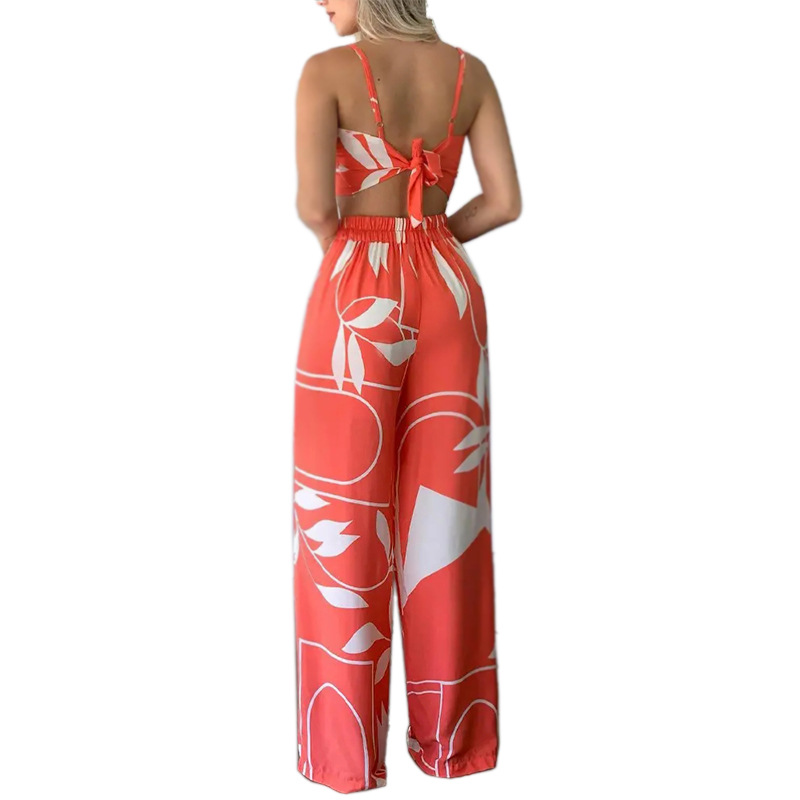 FD922 Spot cross-border 2022 European and American women's summer sexy tube top tie loose wide-leg pants printing suit