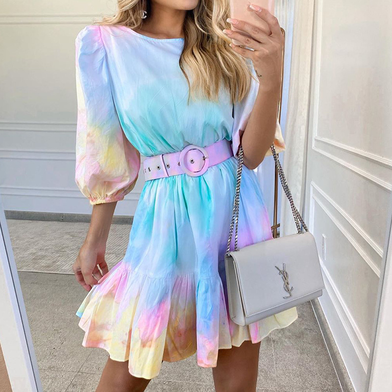 FC1000 2022 Summer New Fashion Round Neck Vacation Style Mid Sleeve Bohemian Print Dress