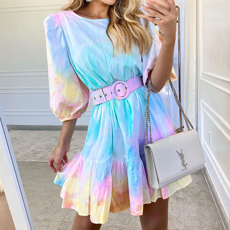 FC1000 2022 Summer New Fashion Round Neck Vacation Style Mid Sleeve Bohemian Print Dress