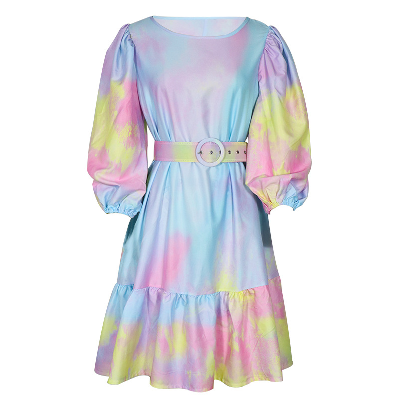 FC1000 2022 Summer New Fashion Round Neck Vacation Style Mid Sleeve Bohemian Print Dress