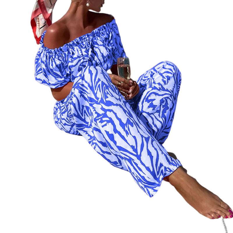 FD993 Women's 2022 autumn new one-shoulder short-sleeved top printed trousers two-piece suit