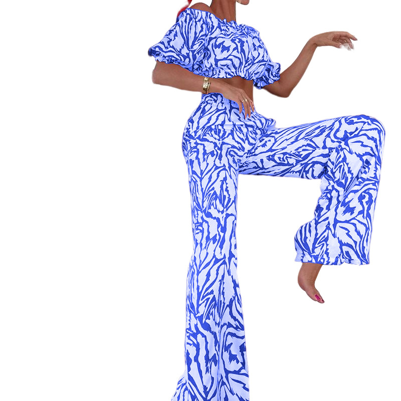 FD993 Women's 2022 autumn new one-shoulder short-sleeved top printed trousers two-piece suit