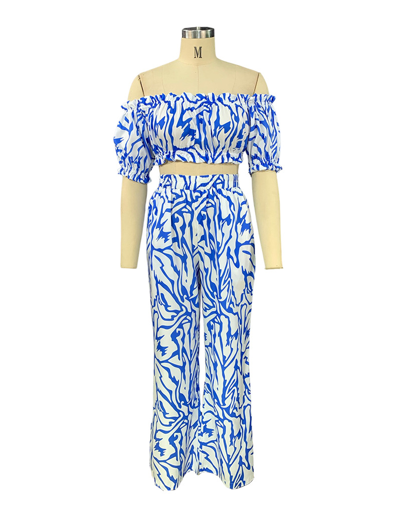 FD993 Women's 2022 autumn new one-shoulder short-sleeved top printed trousers two-piece suit