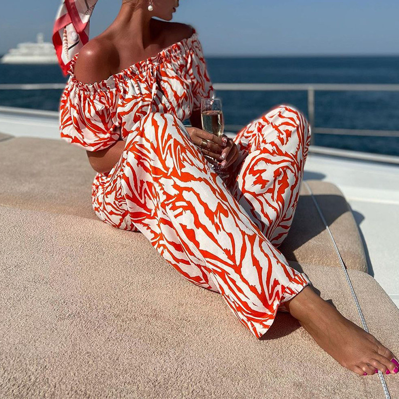 FD993 Women's 2022 autumn new one-shoulder short-sleeved top printed trousers two-piece suit