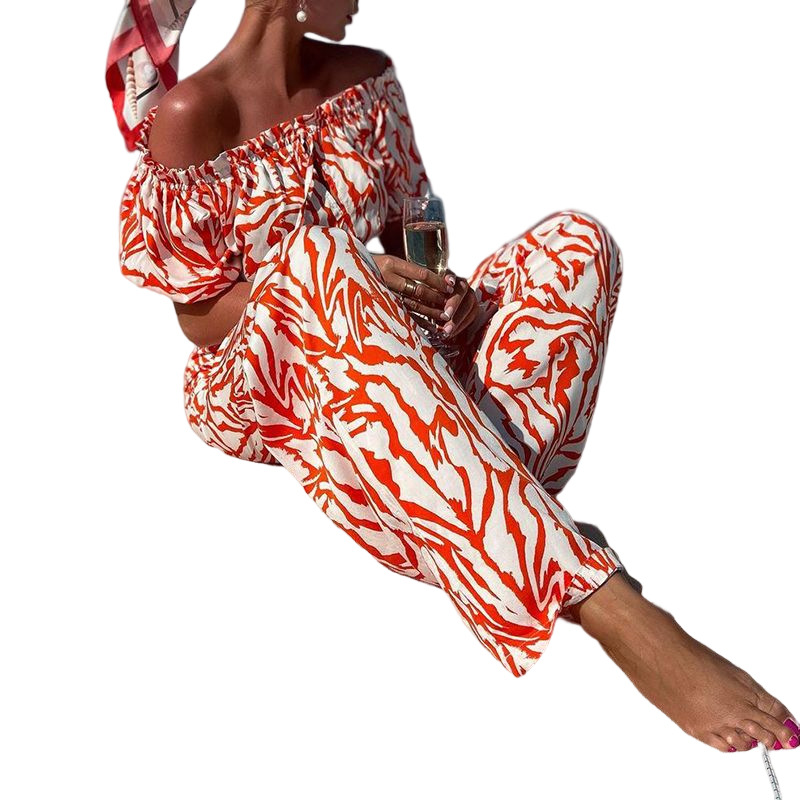 FD993 Women's 2022 autumn new one-shoulder short-sleeved top printed trousers two-piece suit