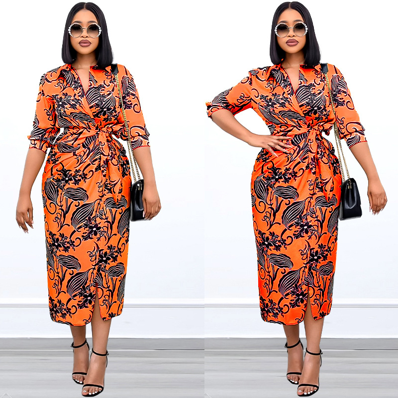 2022 summer new plus size women's print waist commuter lapel dress