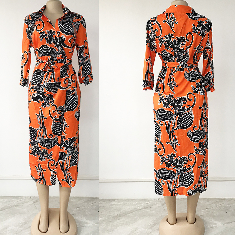 2022 summer new plus size women's print waist commuter lapel dress