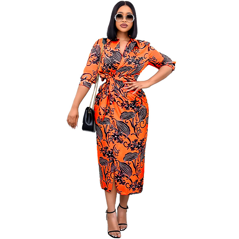 2022 summer new plus size women's print waist commuter lapel dress