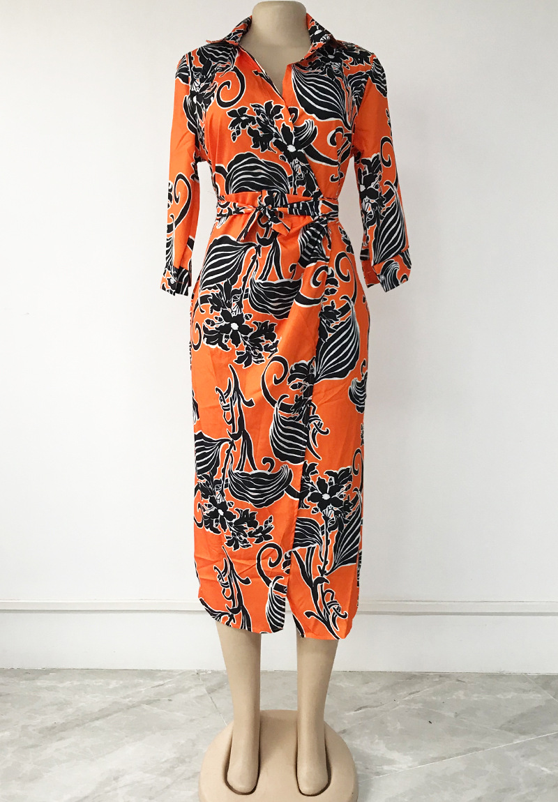 2022 summer new plus size women's print waist commuter lapel dress