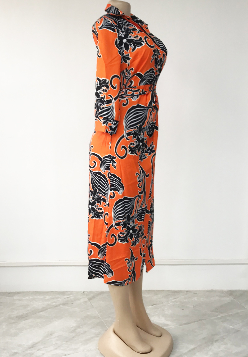 2022 summer new plus size women's print waist commuter lapel dress