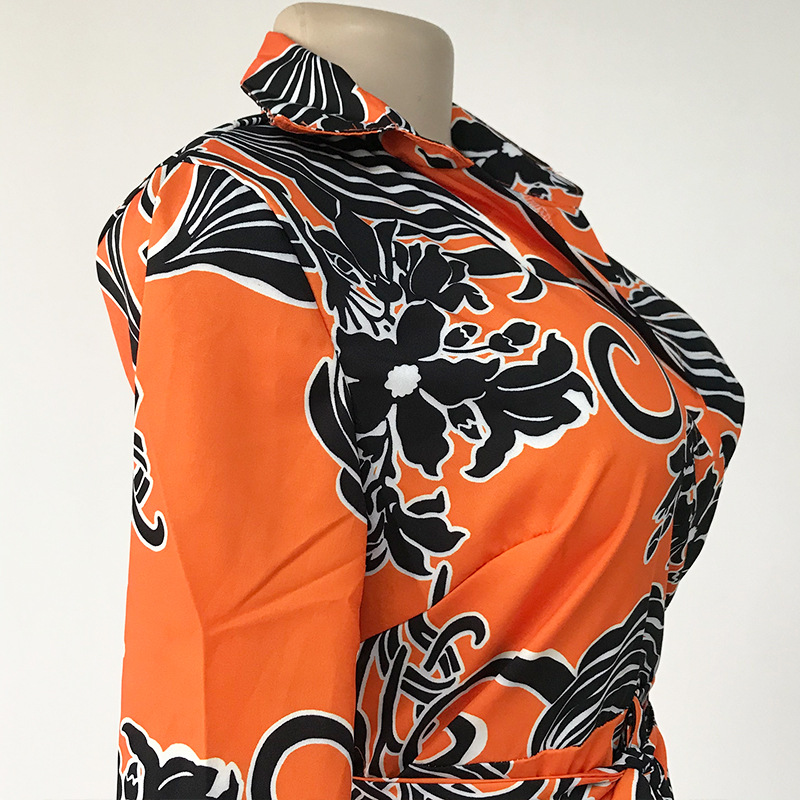 2022 summer new plus size women's print waist commuter lapel dress