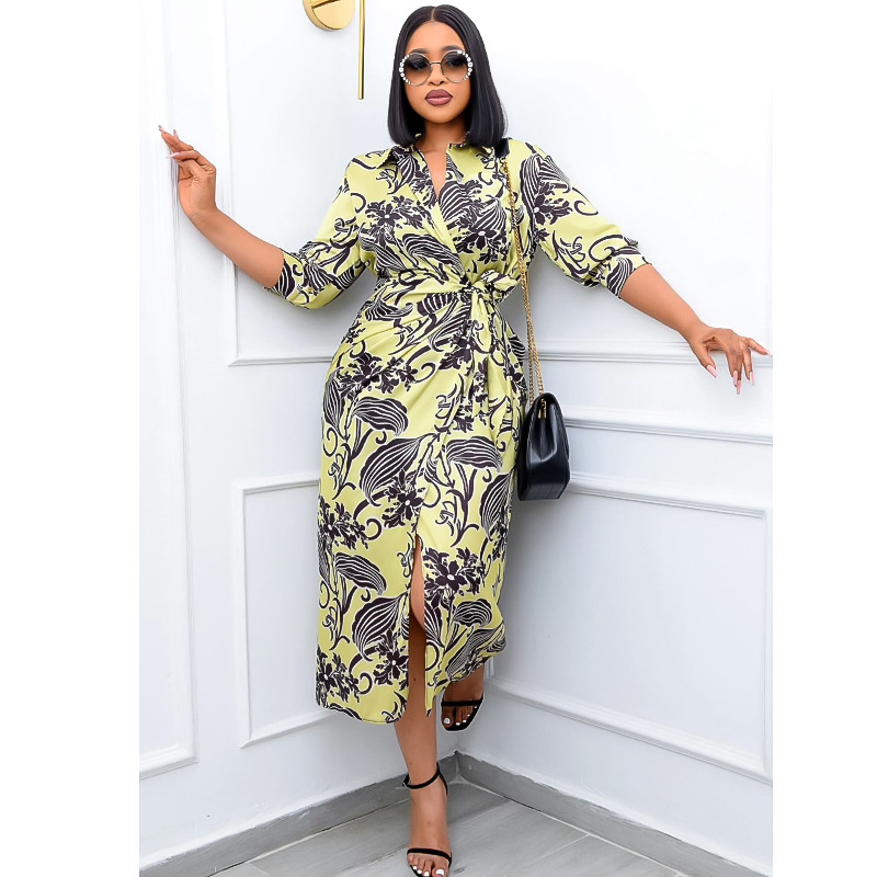 2022 summer new plus size women's print waist commuter lapel dress
