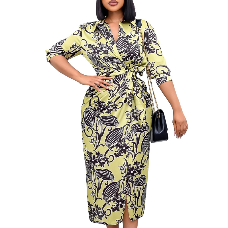 2022 summer new plus size women's print waist commuter lapel dress