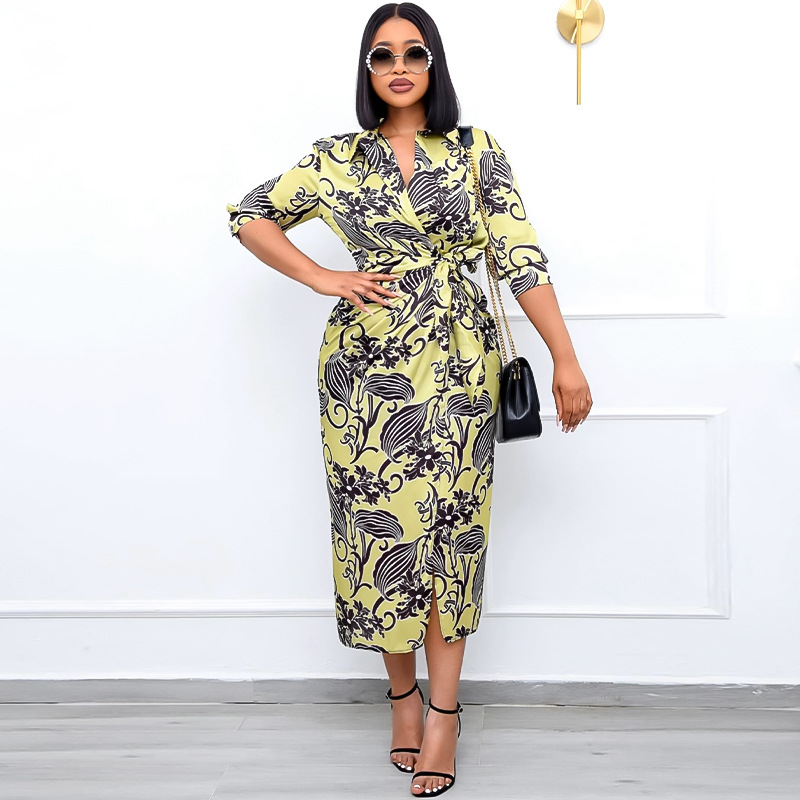 2022 summer new plus size women's print waist commuter lapel dress