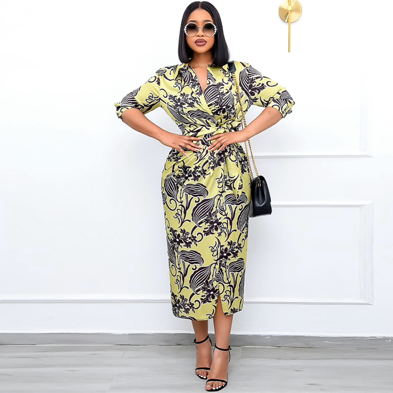 2022 summer new plus size women's print waist commuter lapel dress