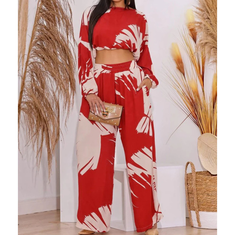 Women's Fashion Casual Print Cropped Round Neck Top High Waist Wide Leg Pants Two Piece Set