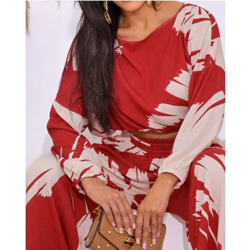 Women's Fashion Casual Print Cropped Round Neck Top High Waist Wide Leg Pants Two Piece Set
