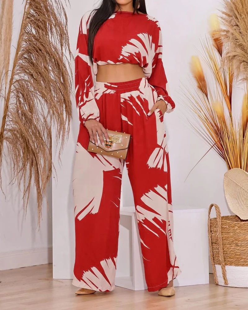 Women's Fashion Casual Print Cropped Round Neck Top High Waist Wide Leg Pants Two Piece Set