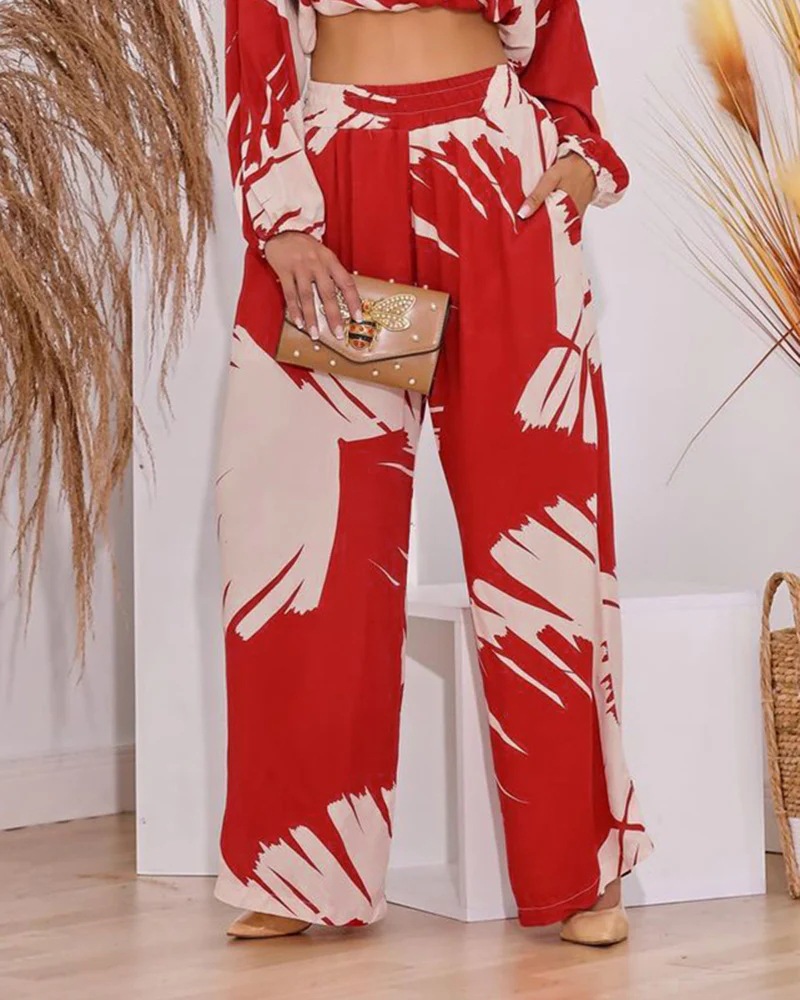 Women's Fashion Casual Print Cropped Round Neck Top High Waist Wide Leg Pants Two Piece Set