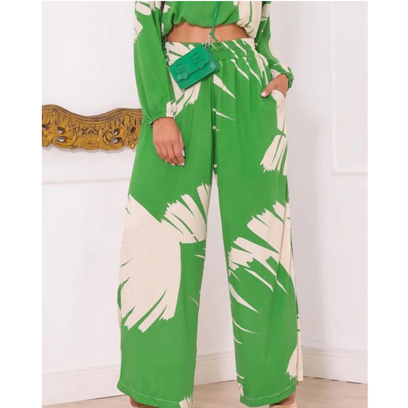Women's Fashion Casual Print Cropped Round Neck Top High Waist Wide Leg Pants Two Piece Set