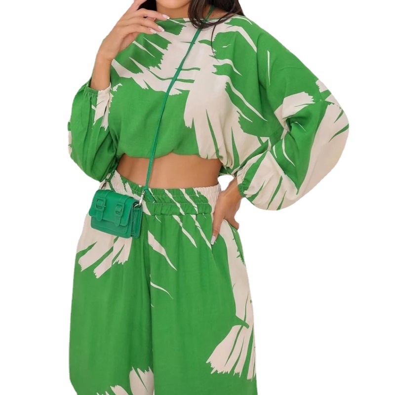 Women's Fashion Casual Print Cropped Round Neck Top High Waist Wide Leg Pants Two Piece Set