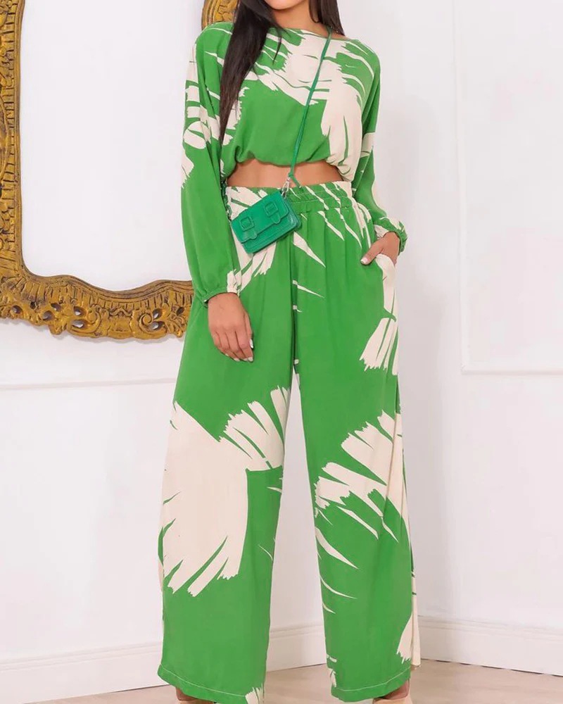 Women's Fashion Casual Print Cropped Round Neck Top High Waist Wide Leg Pants Two Piece Set