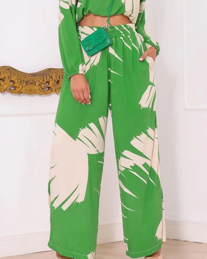 Women's Fashion Casual Print Cropped Round Neck Top High Waist Wide Leg Pants Two Piece Set