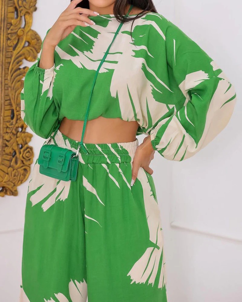 Women's Fashion Casual Print Cropped Round Neck Top High Waist Wide Leg Pants Two Piece Set