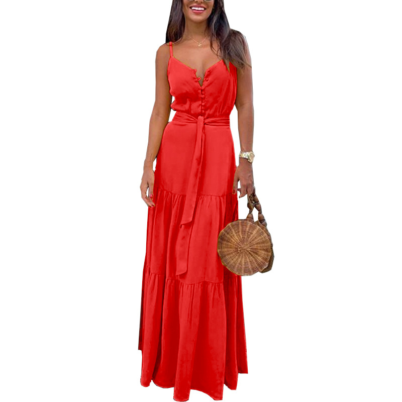 FC539 Women's 2022 summer new ladies temperament V-neck mid-length suspender dress