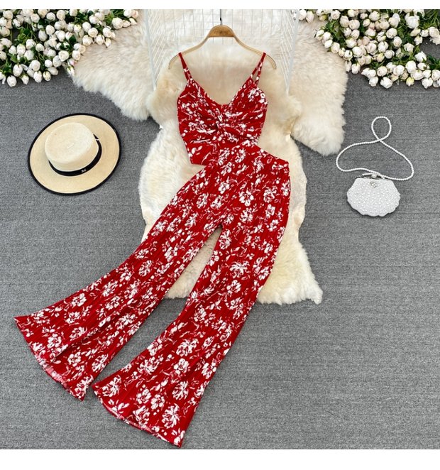 Casual suit women's fashion floral kink camisole Western-style top two-piece high-waist pleated wide-leg pants suit